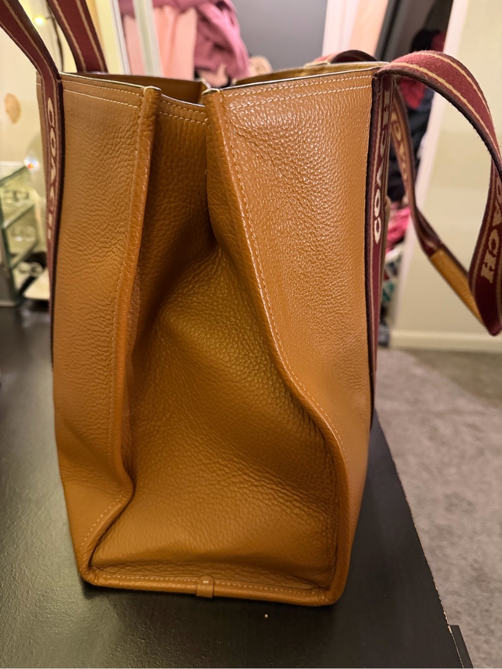 Coach Pebbled Leather Tote in Tan with Burgundy Branded Straps - Picture 3 of 6